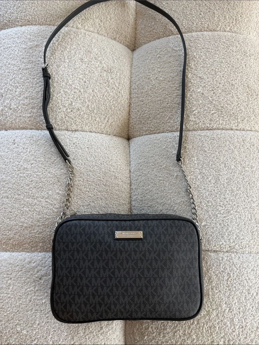 Michael Kors Black MK Signature Canvas Crossbody with Silver Hardware